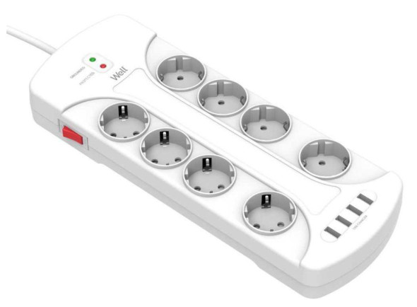 extensión eléctrica Well Extensão Elétrica 8x Schuko 4 USB Interruptor 3m